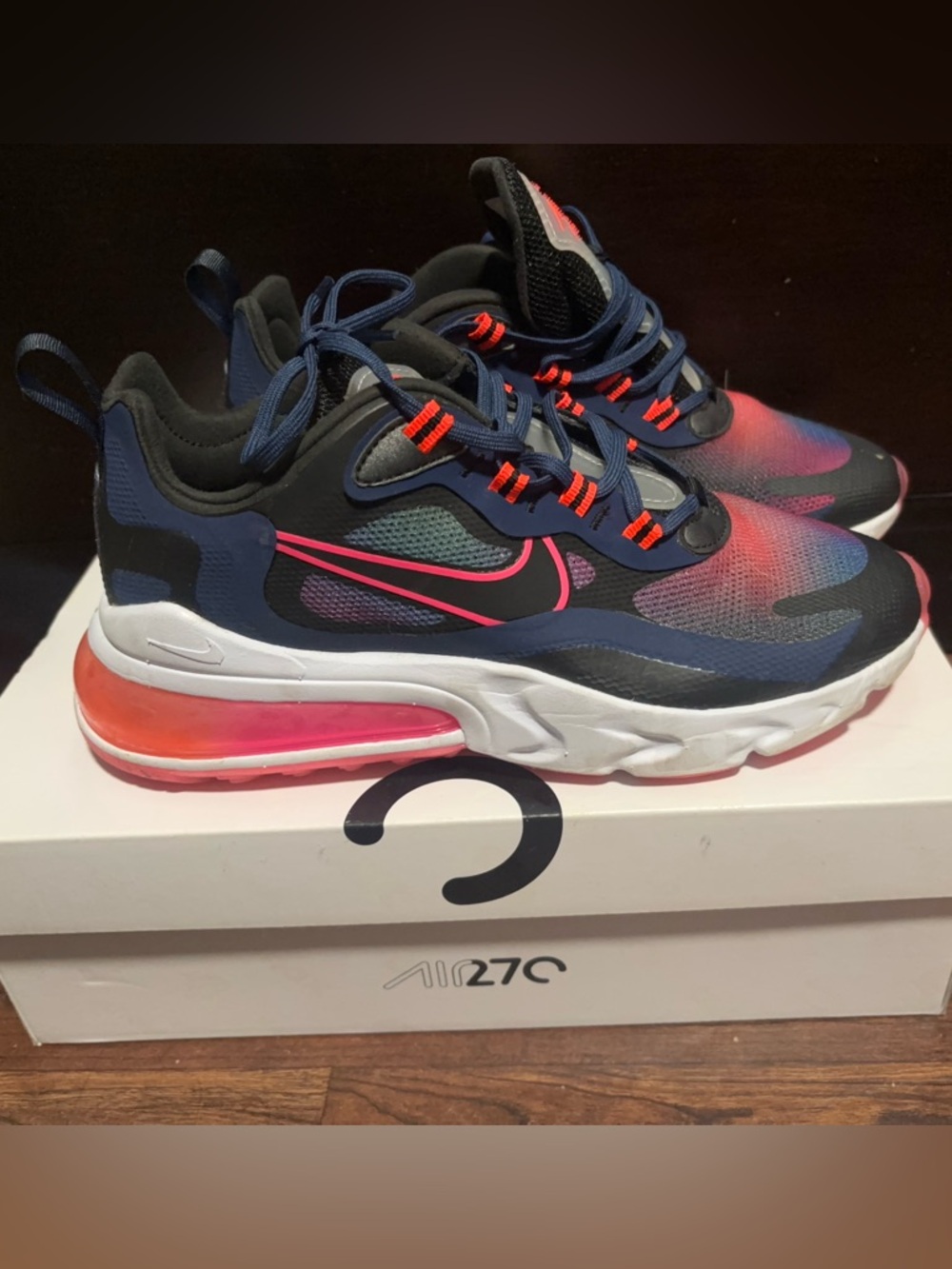 Nike Air Max 270 React Sneakers - Navy with Pink and Coral Accents